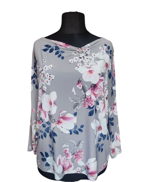 Popielata bluzka z rękawem 3/4 kimono - białe magnolie